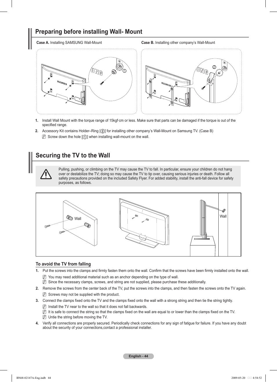 경고 주의 경고 주의, Preparing before installing wall- mount, Securing the tv to the wall | Samsung PS50B579T6S User Manual | Page 44 / 197