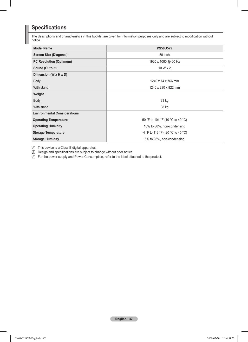 Specifications | Samsung PS50B579T6S User Manual | Page 47 / 197