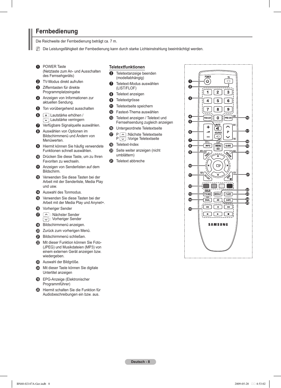 Fernbedienung | Samsung PS50B579T6S User Manual | Page 65 / 197