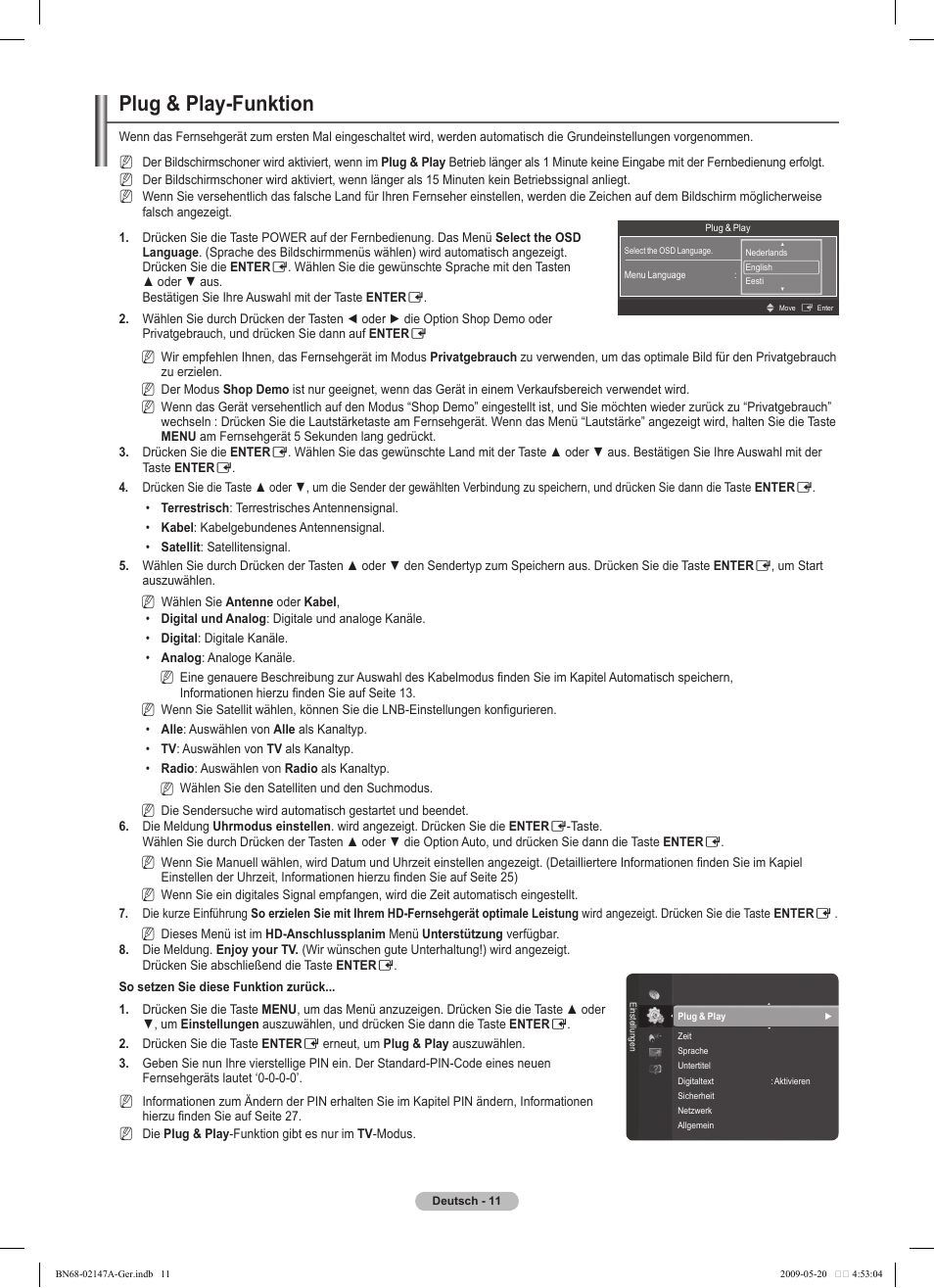 Plug & play-funktion | Samsung PS50B579T6S User Manual | Page 68 / 197
