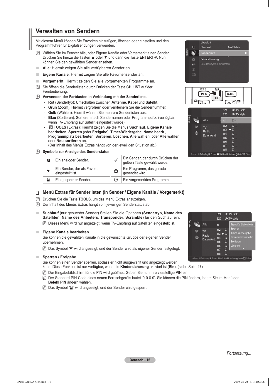 Verwalten von sendern, Fortsetzung | Samsung PS50B579T6S User Manual | Page 73 / 197