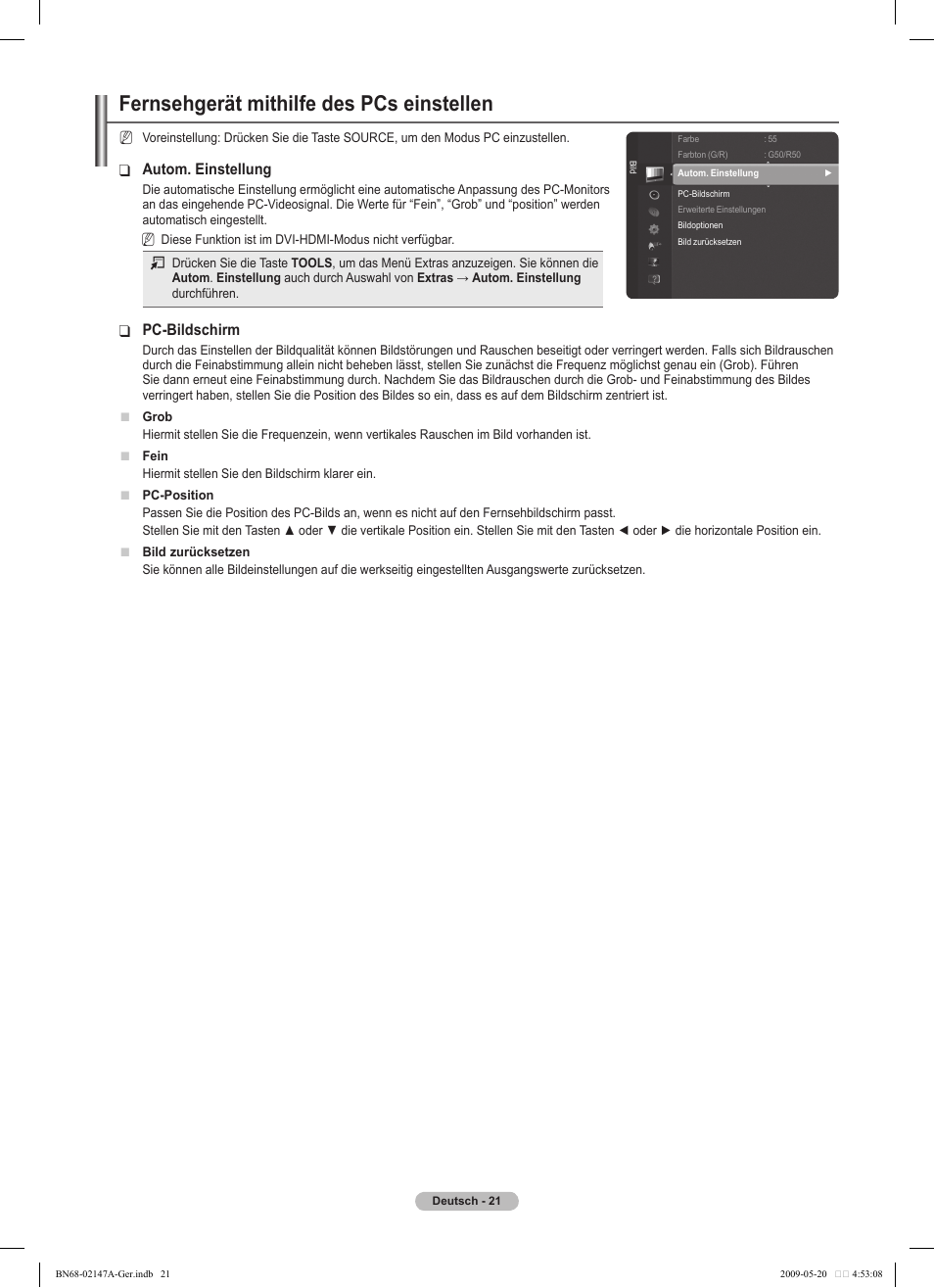 Fernsehgerät mithilfe des pcs einstellen, Autom. einstellung, Pc-bildschirm | Samsung PS50B579T6S User Manual | Page 78 / 197