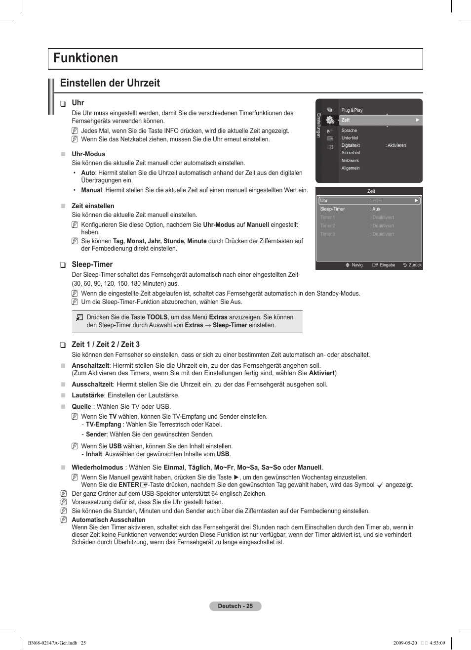 Funktionen, Einstellen der uhrzeit | Samsung PS50B579T6S User Manual | Page 82 / 197