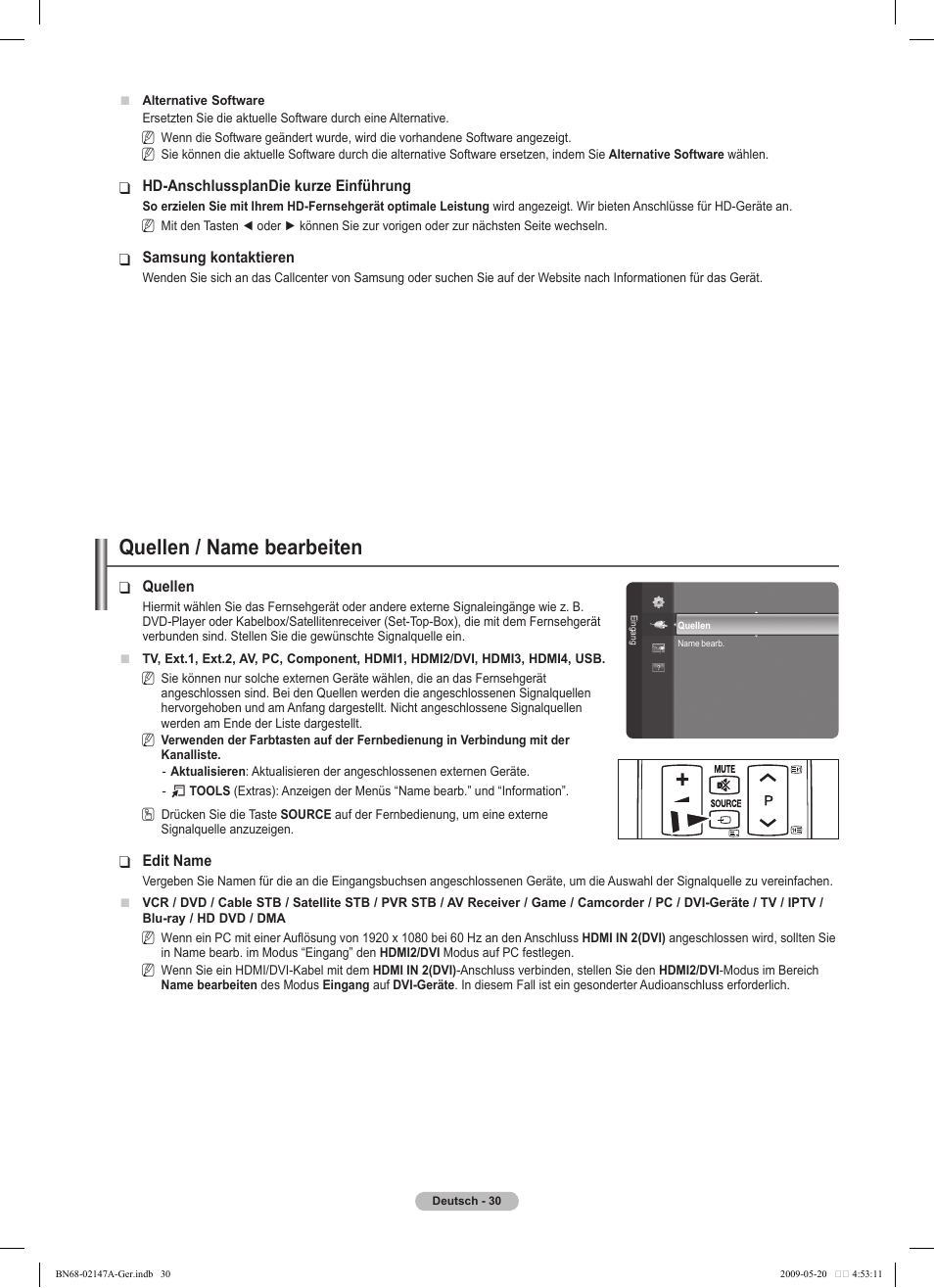 Quellen / name bearbeiten | Samsung PS50B579T6S User Manual | Page 87 / 197