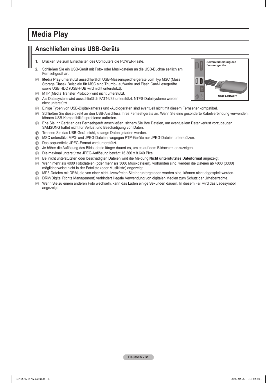 Media play, Anschließen eines usb-geräts | Samsung PS50B579T6S User Manual | Page 88 / 197