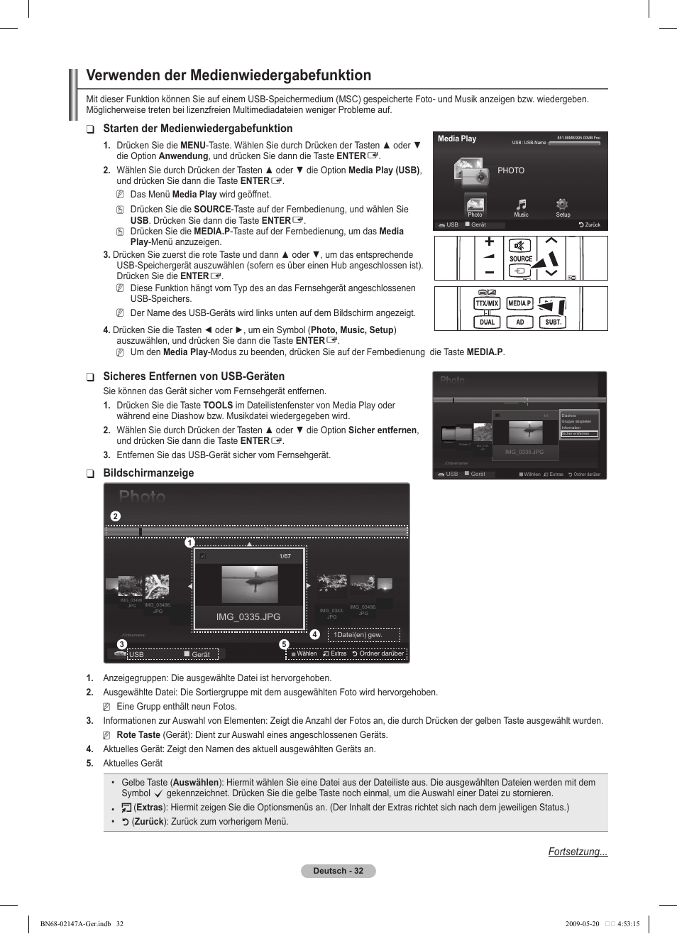 Verwenden der medienwiedergabefunktion, Starten der medienwiedergabefunktion, Sicheres entfernen von usb-geräten | Bildschirmanzeige, Fortsetzung | Samsung PS50B579T6S User Manual | Page 89 / 197