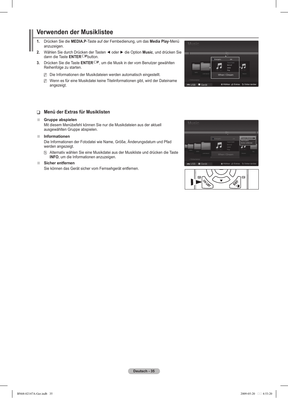 Verwenden der musiklistee, Menü der extras für musiklisten, Button. 3. drücken sie die taste enter | Angezeigt, Gruppe abspielen | Samsung PS50B579T6S User Manual | Page 92 / 197