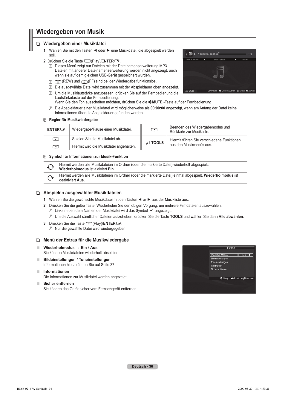 Wiedergeben von musik, Wiedergeben einer musikdatei, Abspielen ausgewählter musikdateien | Menü der extras für die musikwiedergabe | Samsung PS50B579T6S User Manual | Page 93 / 197