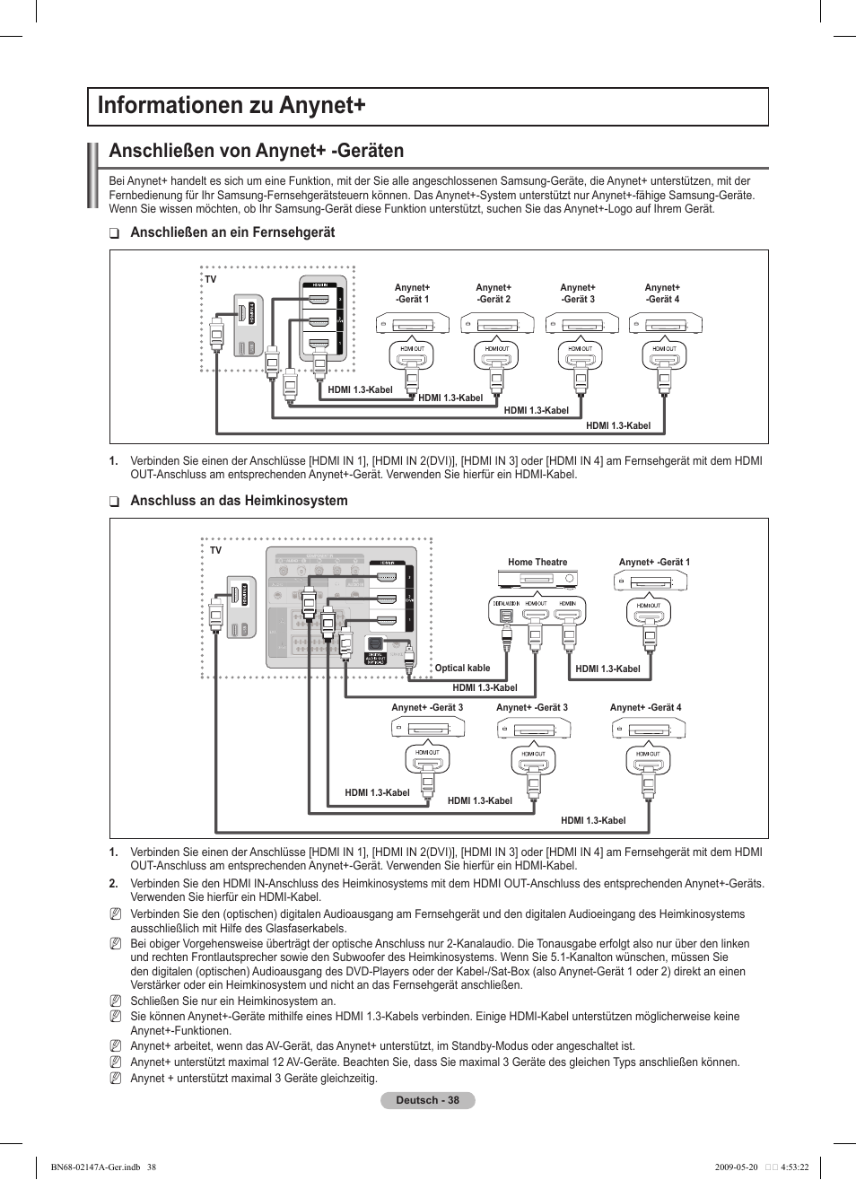 Informationen zu anynet, Anschließen von anynet+ -geräten | Samsung PS50B579T6S User Manual | Page 95 / 197