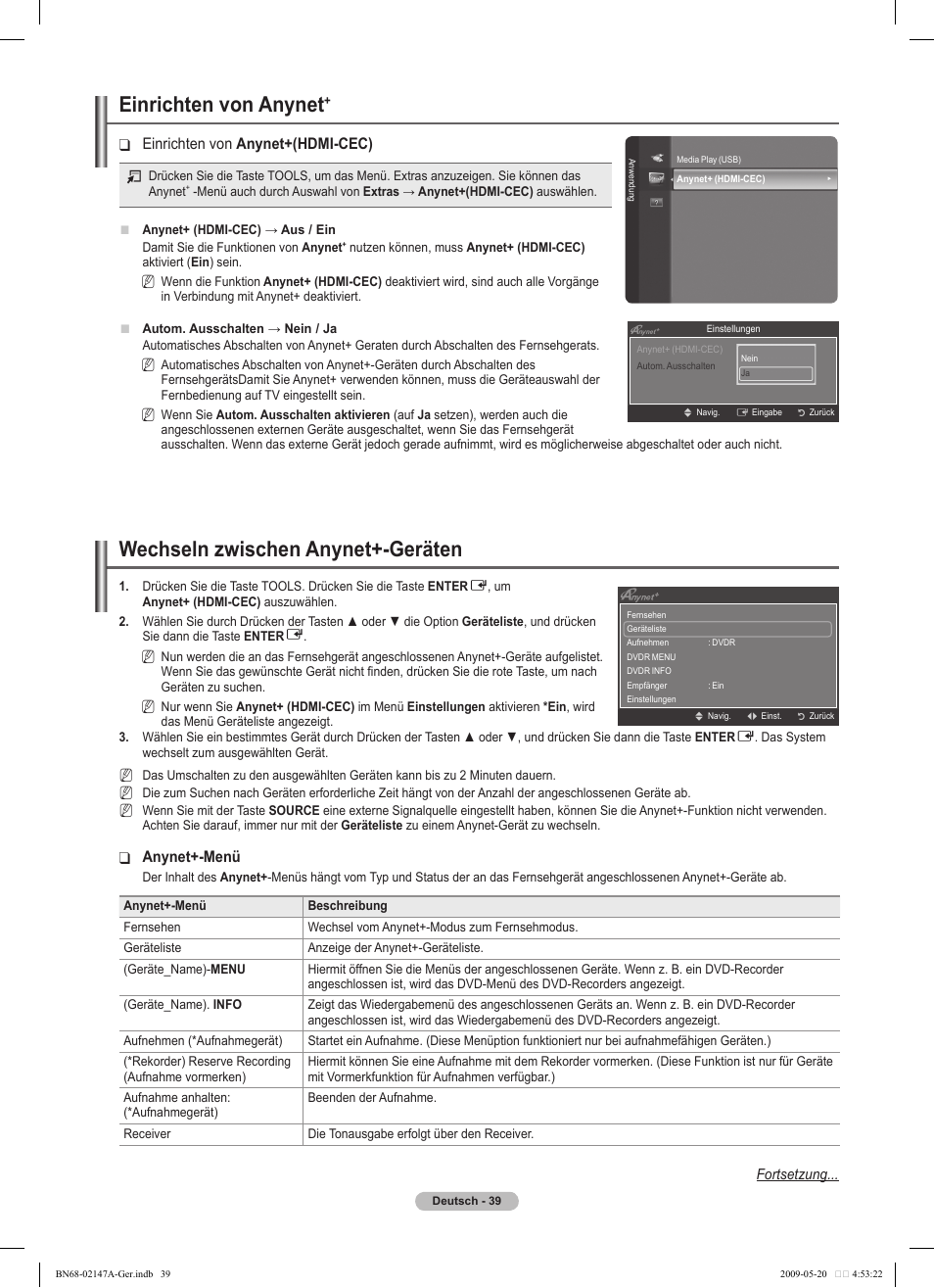 Einrichten von anynet, Wechseln zwischen anynet+-geräten, Einrichten von ❑ anynet+(hdmi-cec) | Anynet+-menü | Samsung PS50B579T6S User Manual | Page 96 / 197