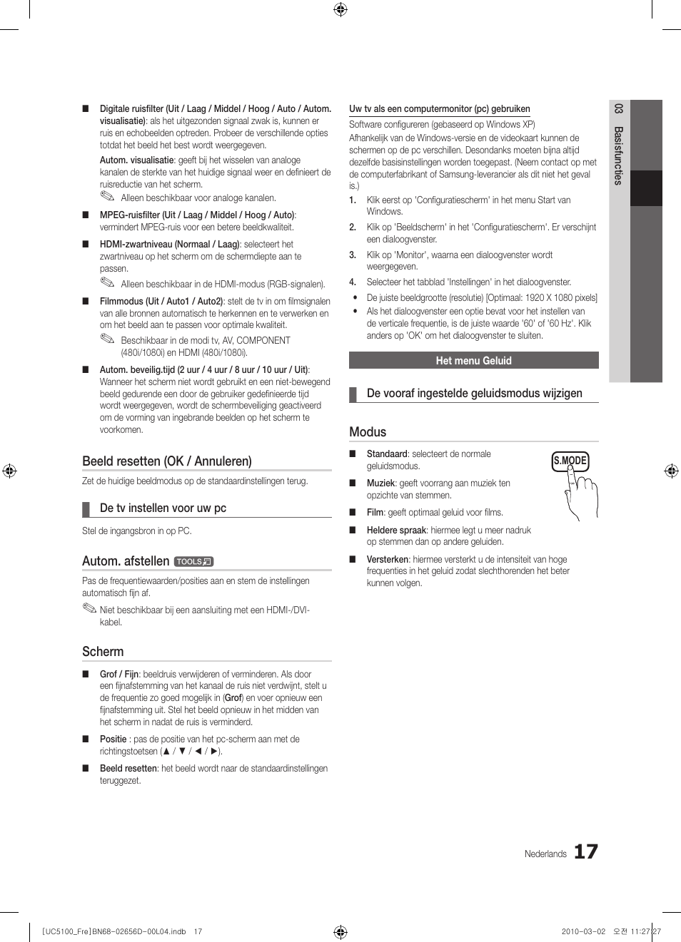 Beeld resetten (ok / annuleren), Autom. afstellen, Scherm | Modus | Samsung UE37C5100QW User Manual | Page 167 / 201