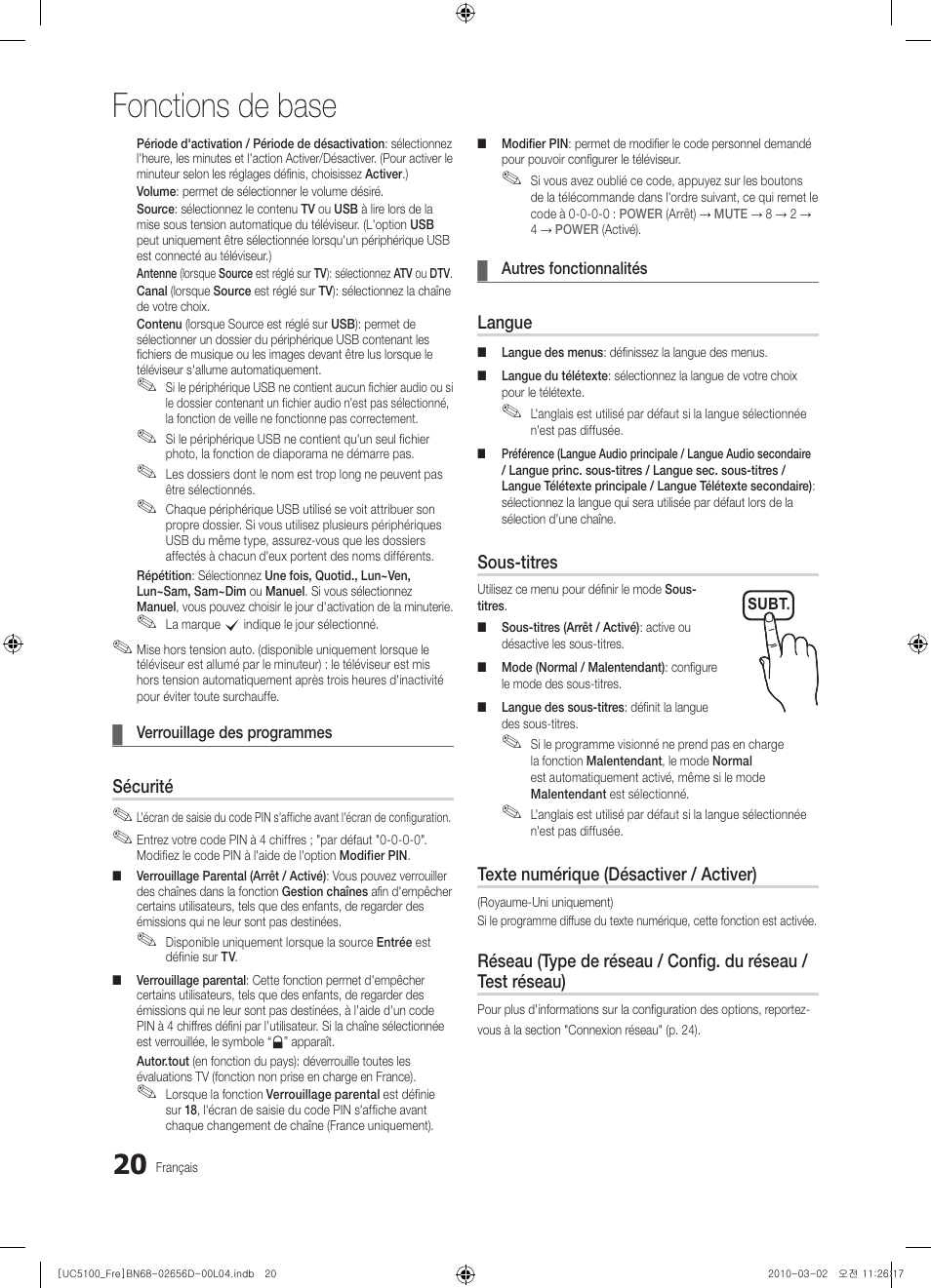 Fonctions de base | Samsung UE37C5100QW User Manual | Page 70 / 201