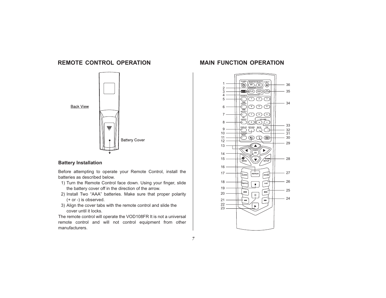 Main function operation remote control operation, Battery installation | Audiovox Mobile Video VOD108FR User Manual | Page 11 / 56