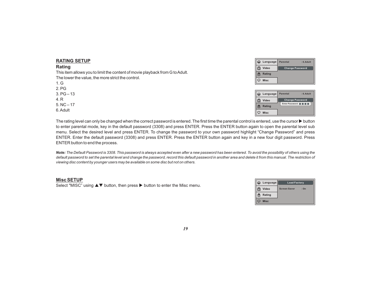 19 rating setup misc setup rating | Audiovox Mobile Video VOD108FR User Manual | Page 23 / 56