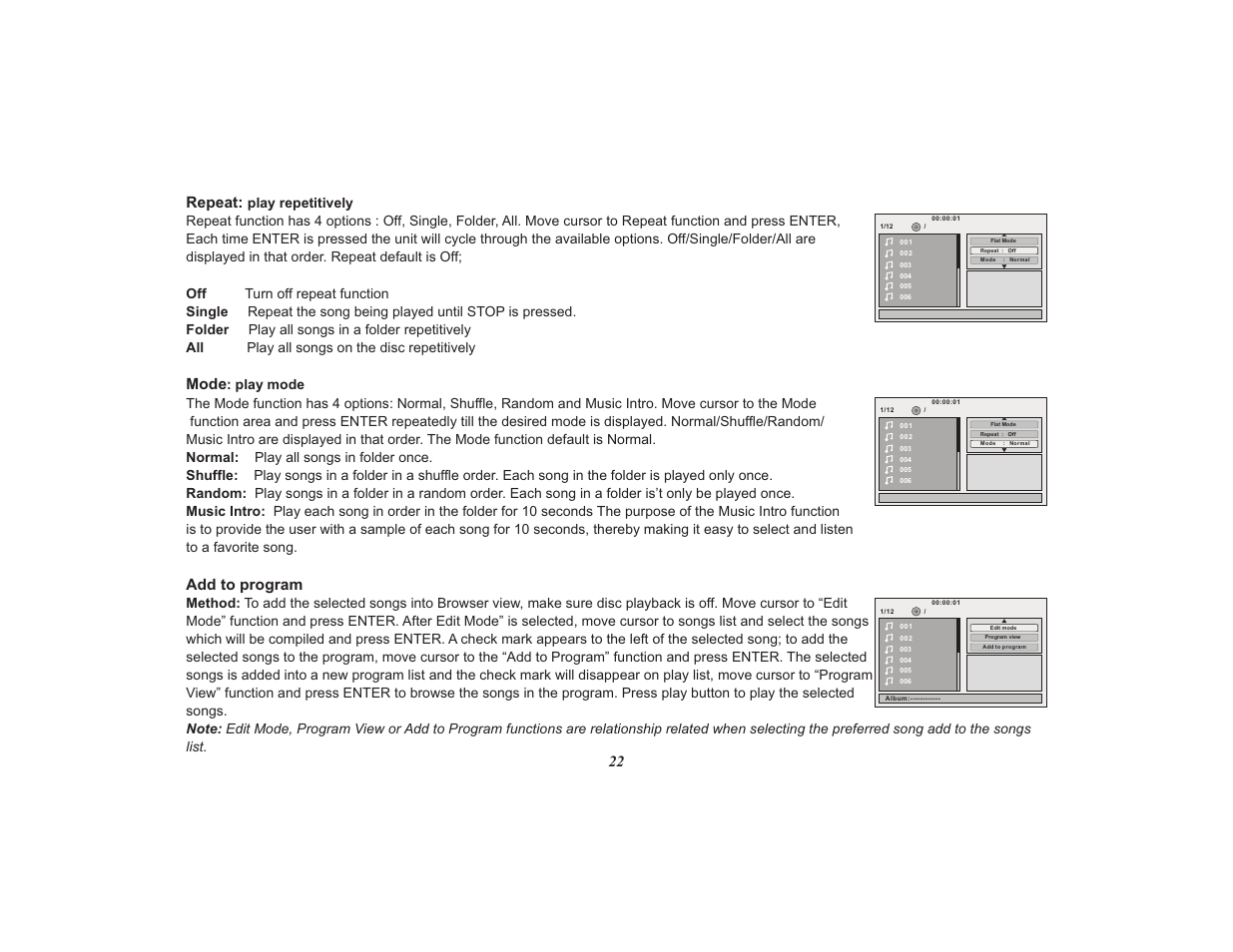 22 repeat: mode add to program | Audiovox Mobile Video VOD108FR User Manual | Page 26 / 56