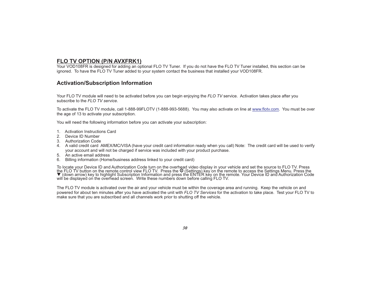 Flo tv option (p/n avxfrk1), Activation/subscription information | Audiovox Mobile Video VOD108FR User Manual | Page 34 / 56