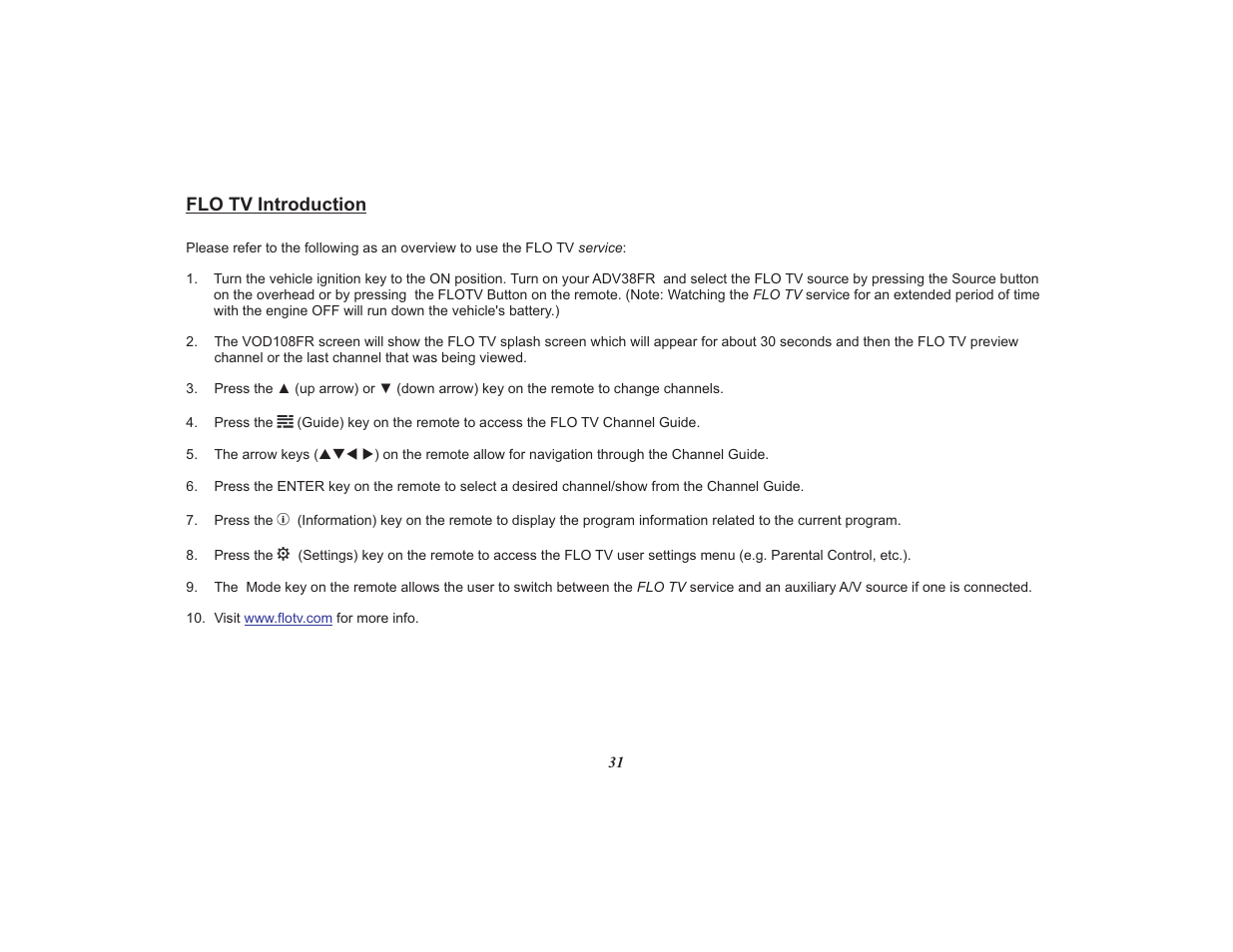 Flo tv introduction | Audiovox Mobile Video VOD108FR User Manual | Page 35 / 56