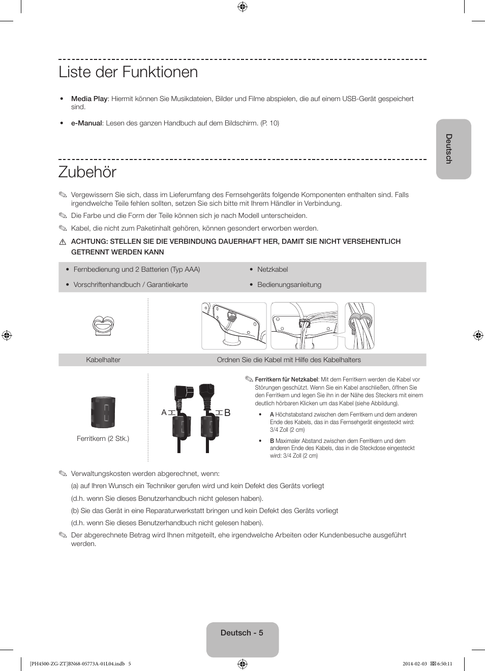 Liste der funktionen, Zubehör | Samsung PE43H4500AW User Manual | Page 27 / 91