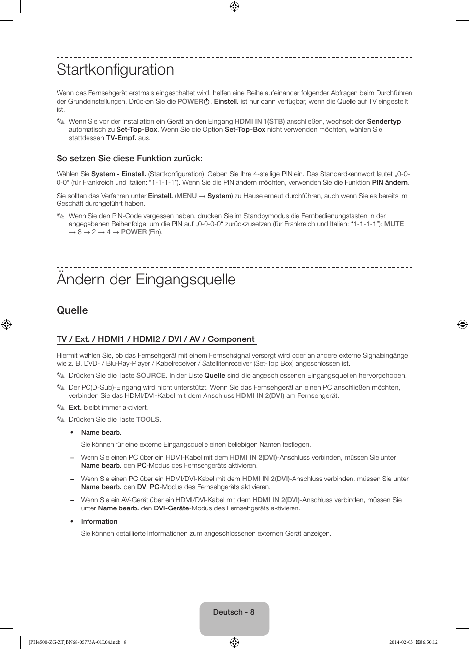 Startkonfiguration, Ändern der eingangsquelle, Quelle | Samsung PE43H4500AW User Manual | Page 30 / 91