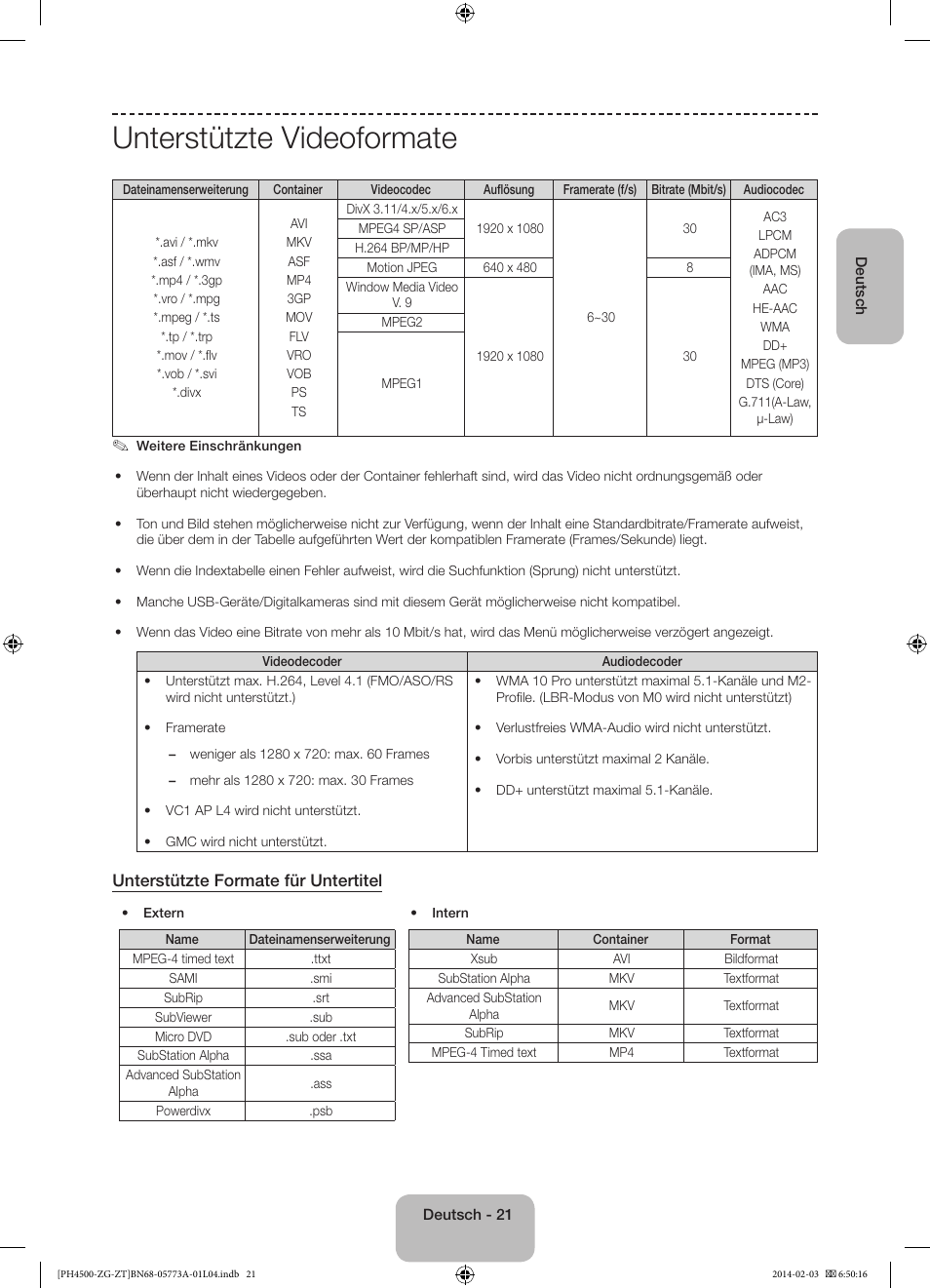 Unterstützte videoformate, Unterstützte formate für untertitel | Samsung PE43H4500AW User Manual | Page 43 / 91