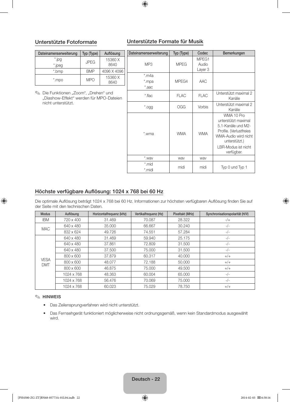 Unterstützte fotoformate, Unterstützte formate für musik | Samsung PE43H4500AW User Manual | Page 44 / 91