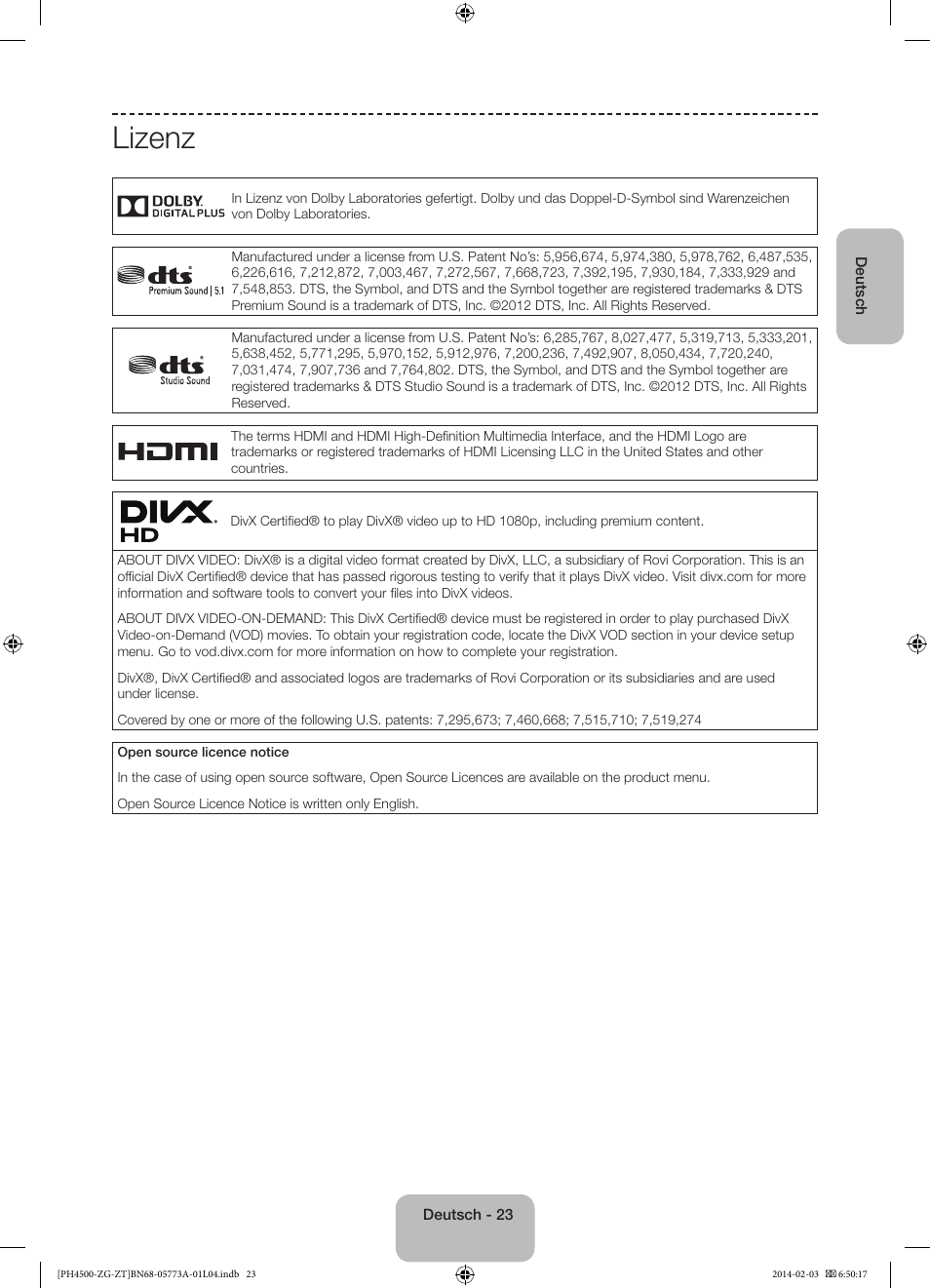 Lizenz | Samsung PE43H4500AW User Manual | Page 45 / 91
