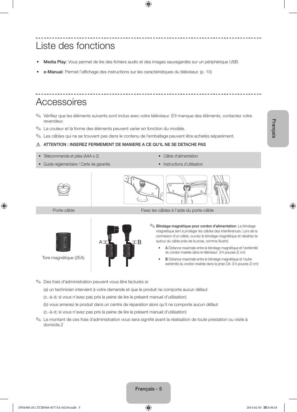 Liste des fonctions, Accessoires | Samsung PE43H4500AW User Manual | Page 49 / 91