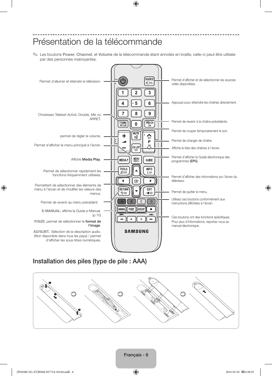 Présentation de la télécommande, Installation des piles (type de pile : aaa) | Samsung PE43H4500AW User Manual | Page 50 / 91