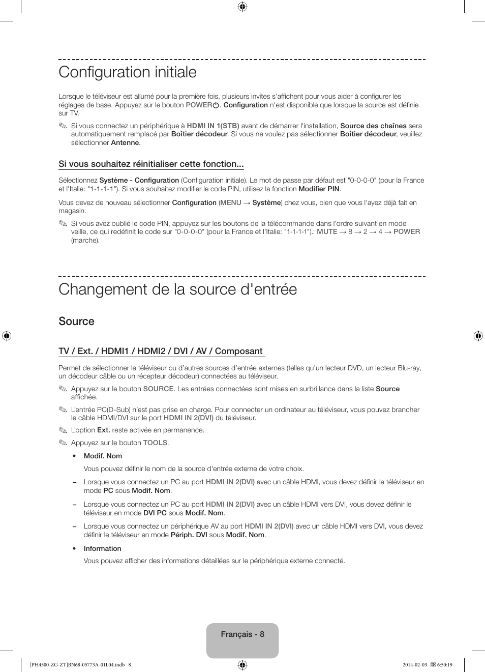 Configuration initiale, Changement de la source d'entrée, Source | Samsung PE43H4500AW User Manual | Page 52 / 91