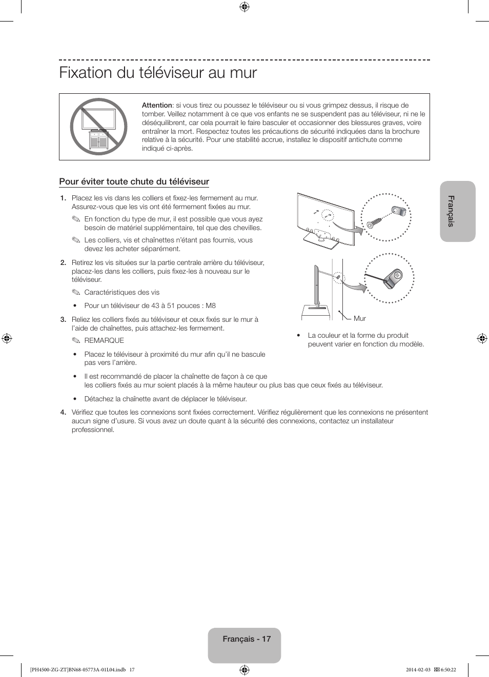 Fixation du téléviseur au mur | Samsung PE43H4500AW User Manual | Page 61 / 91
