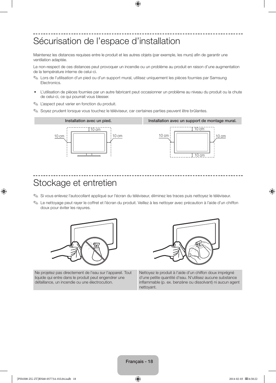 Sécurisation de l’espace d’installation, Stockage et entretien | Samsung PE43H4500AW User Manual | Page 62 / 91