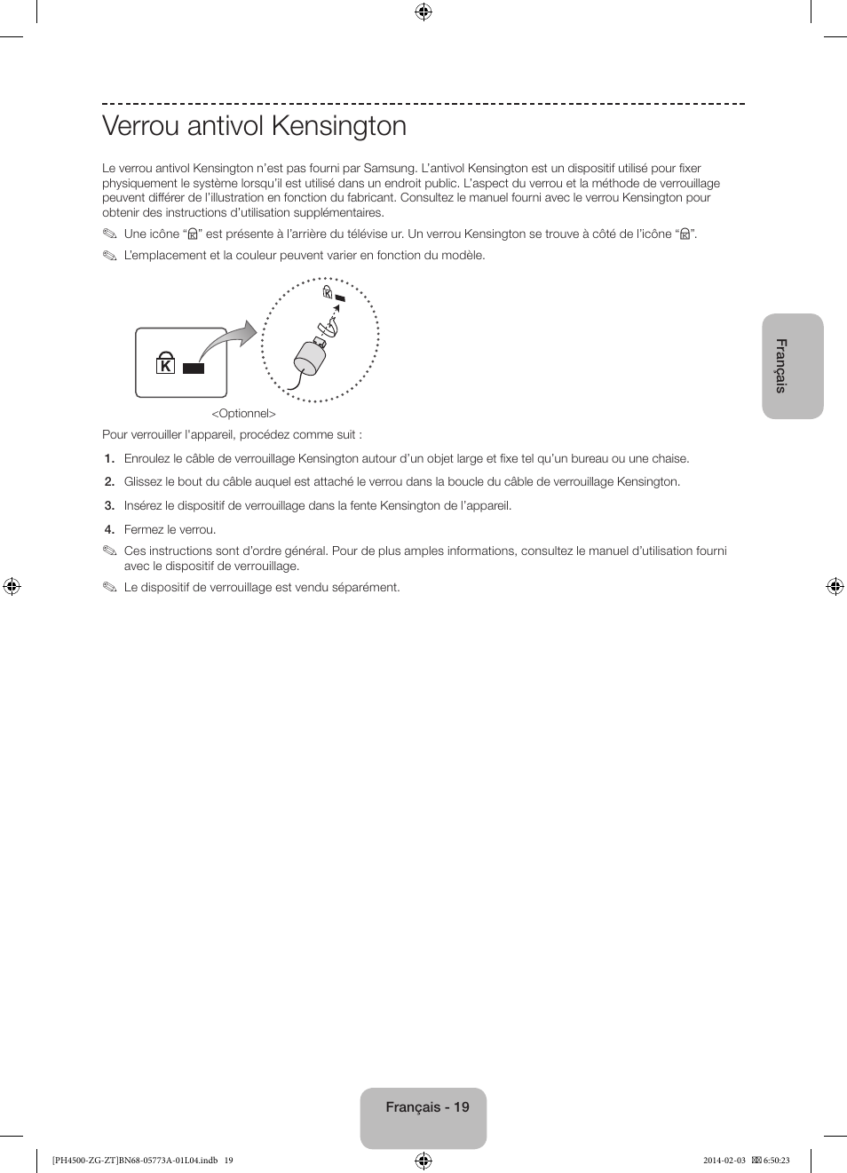 Verrou antivol kensington | Samsung PE43H4500AW User Manual | Page 63 / 91