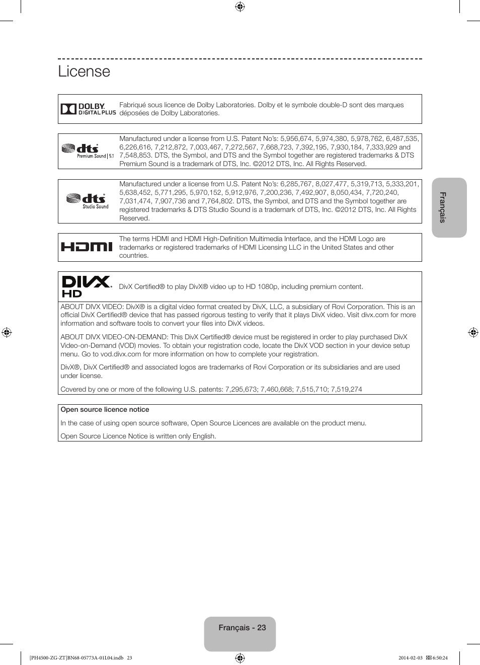 License | Samsung PE43H4500AW User Manual | Page 67 / 91