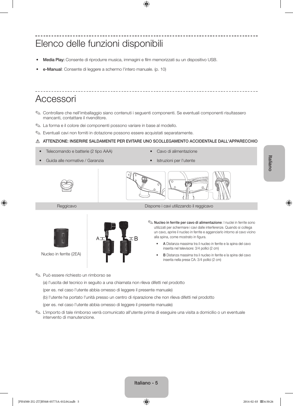 Elenco delle funzioni disponibili, Accessori | Samsung PE43H4500AW User Manual | Page 71 / 91
