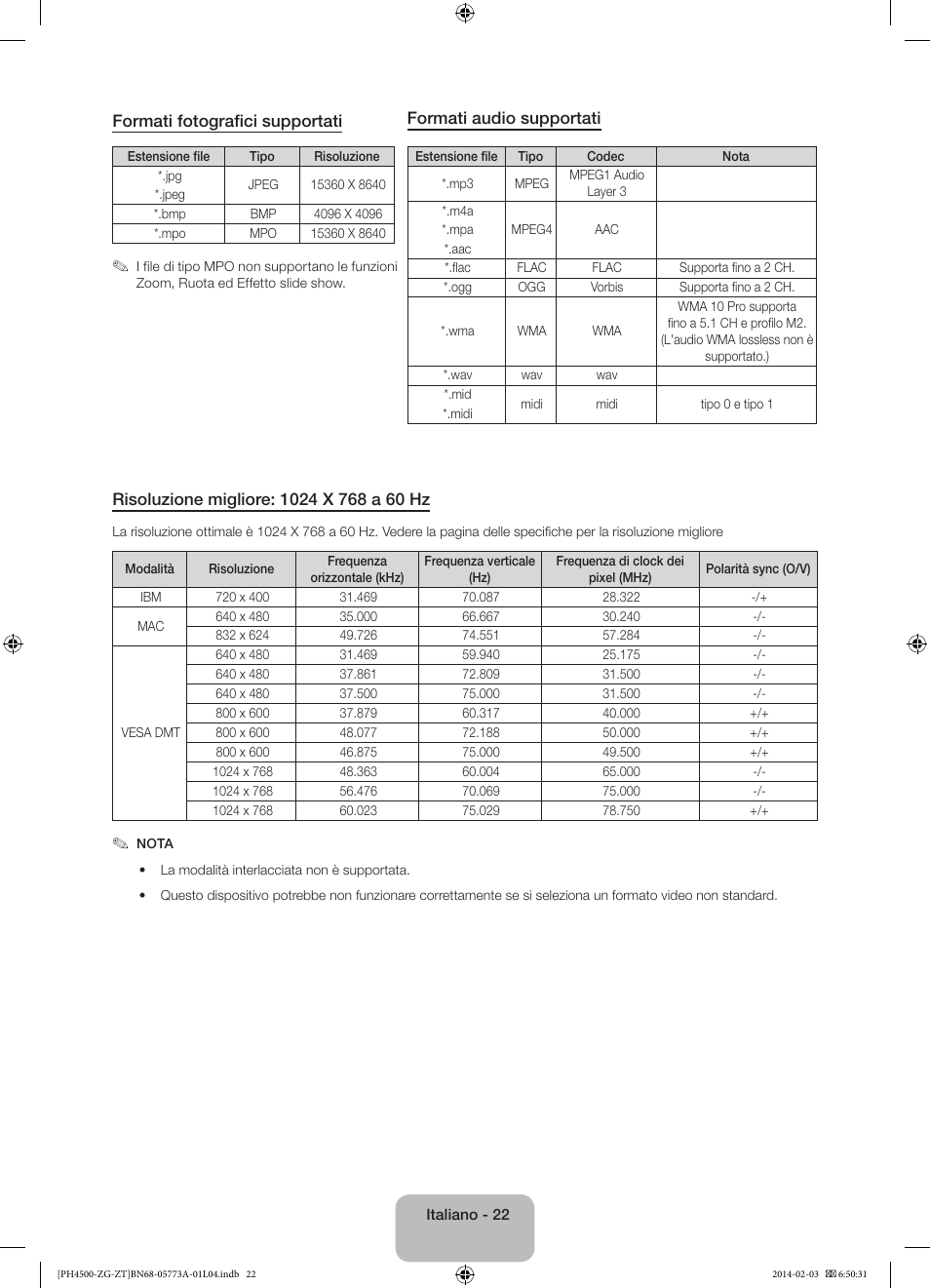 Formati fotografici supportati, Formati audio supportati | Samsung PE43H4500AW User Manual | Page 88 / 91