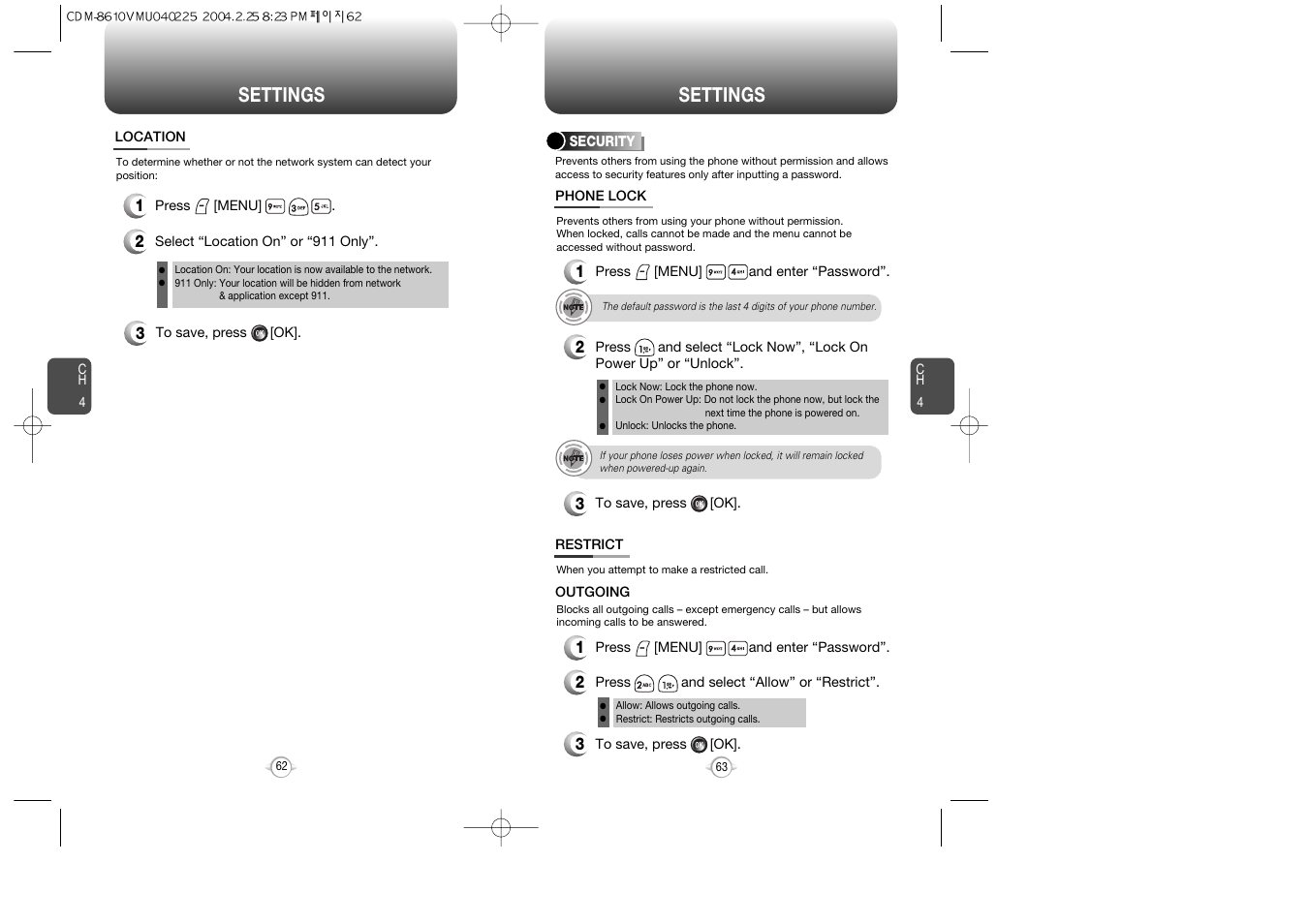 Settings | Audiovox VOX 8610 User Manual | Page 33 / 54