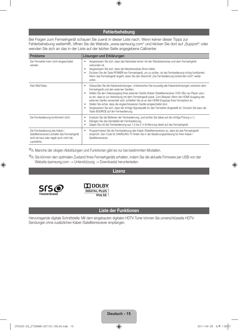 Fehlerbehebung, Lizenz liste der funktionen | Samsung PS51D530A5W User Manual | Page 31 / 66