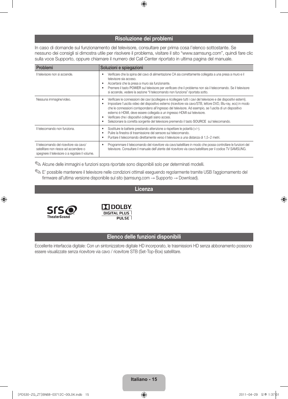 Risoluzione dei problemi, Licenza elenco delle funzioni disponibili | Samsung PS51D530A5W User Manual | Page 63 / 66