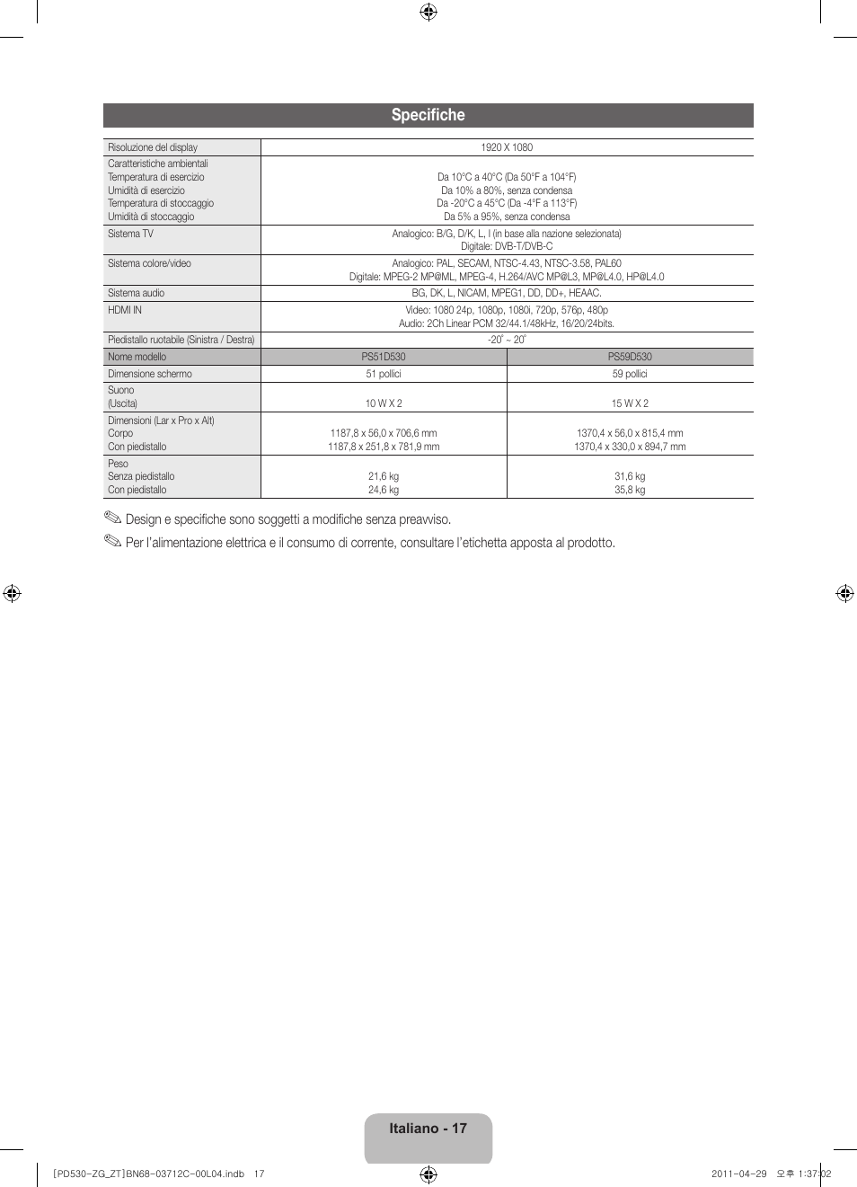 Specifiche | Samsung PS51D530A5W User Manual | Page 65 / 66