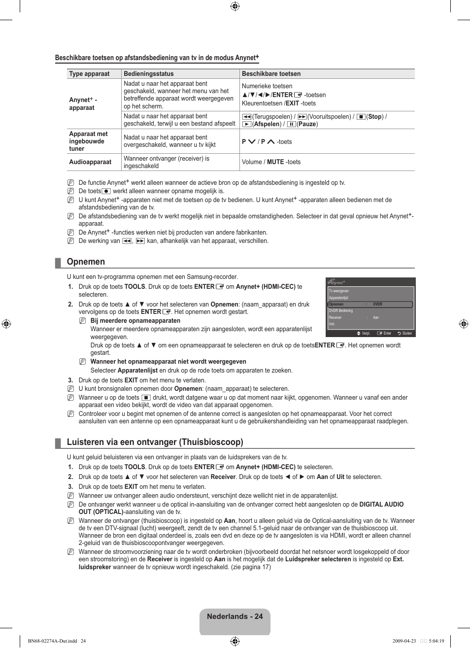 Opnemen, Luisteren via een ontvanger (thuisbioscoop) | Samsung LE32B530P7N User Manual | Page 116 / 282
