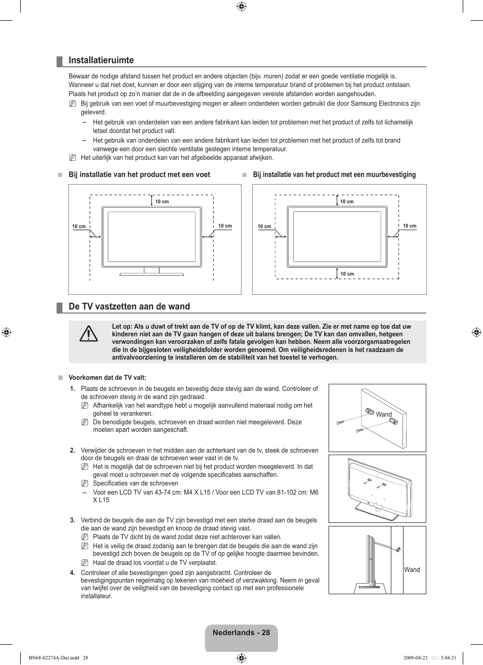 Installatieruimte, De tv vastzetten aan de wand | Samsung LE32B530P7N User Manual | Page 120 / 282