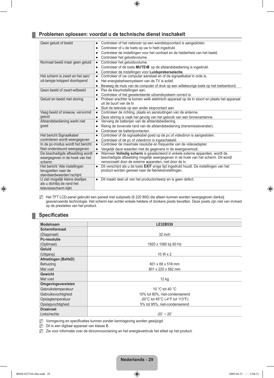 Specificaties | Samsung LE32B530P7N User Manual | Page 121 / 282