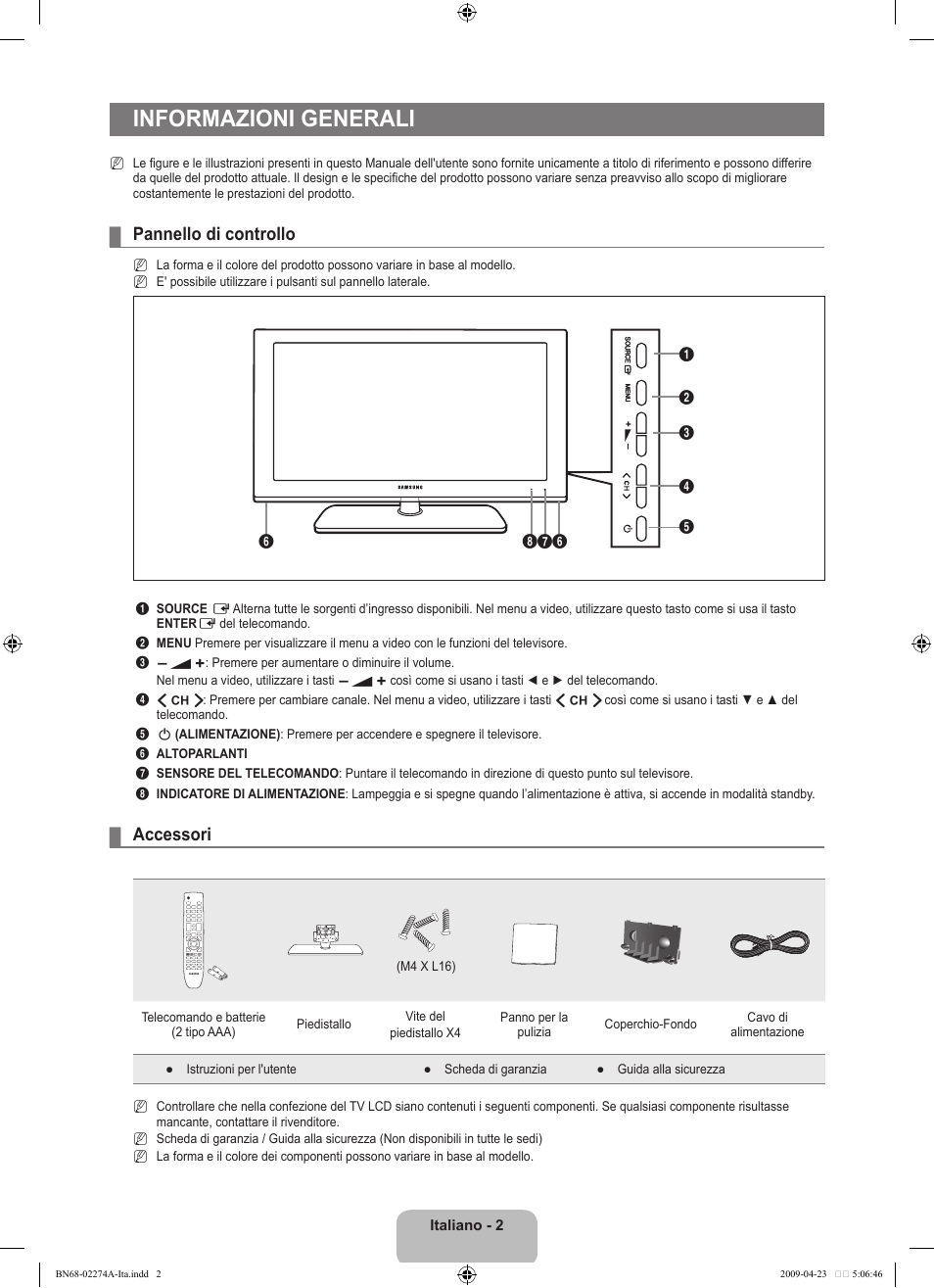 Informazioni generali, Pannello di controllo, Accessori | Samsung LE32B530P7N User Manual | Page 124 / 282