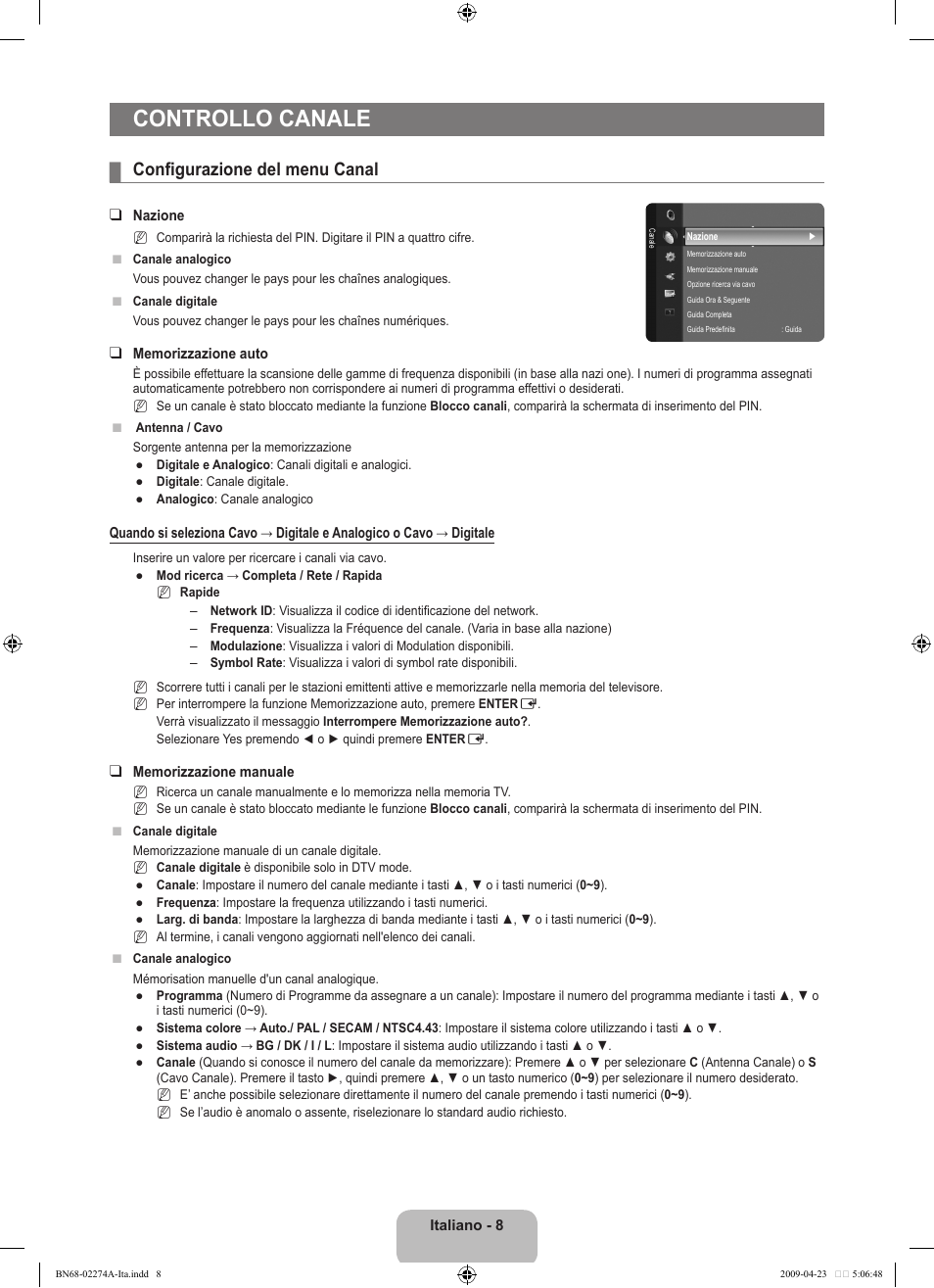 Controllo canale, Configurazione del menu canal | Samsung LE32B530P7N User Manual | Page 130 / 282