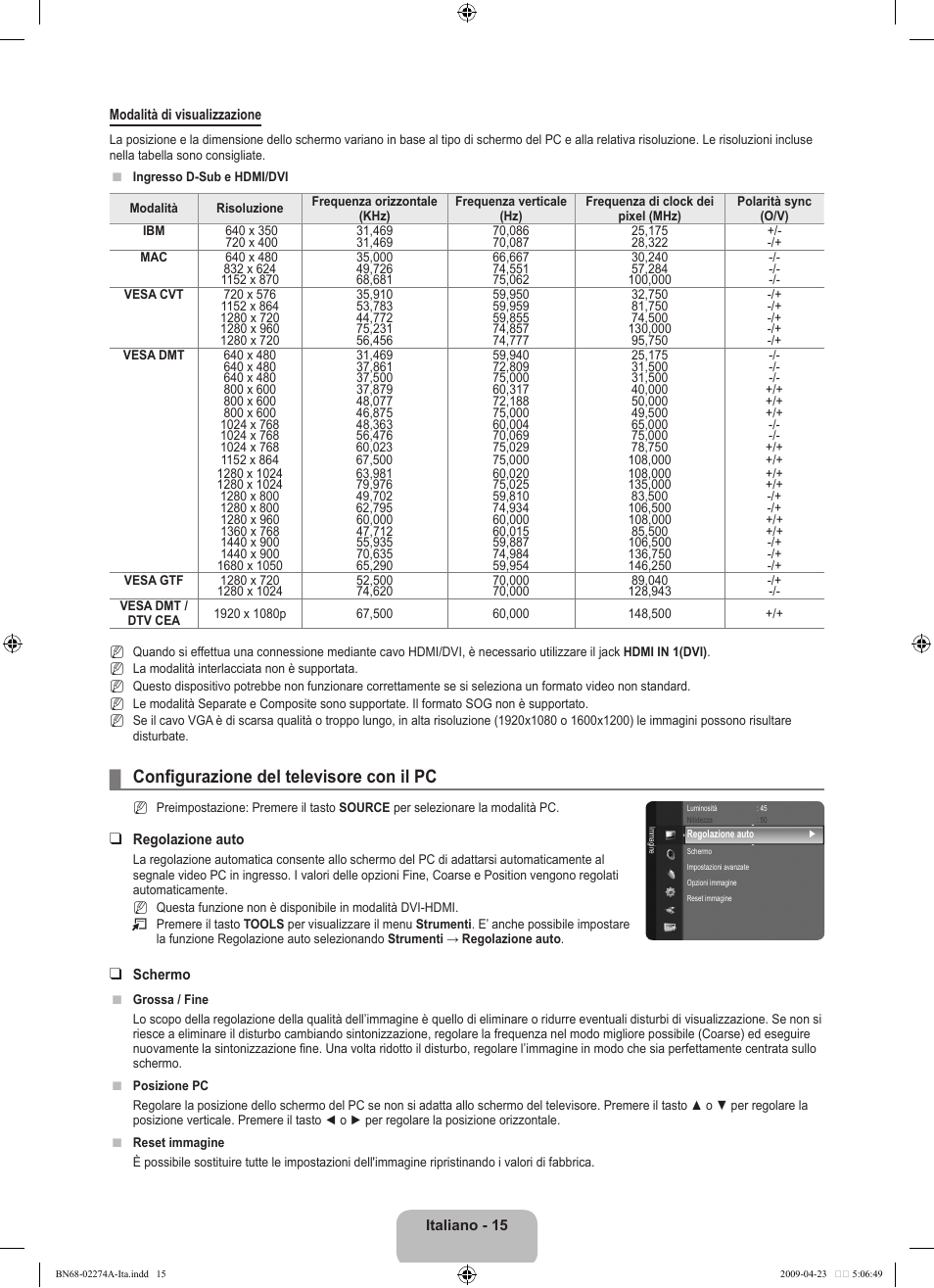 Configurazione del televisore con il pc | Samsung LE32B530P7N User Manual | Page 137 / 282