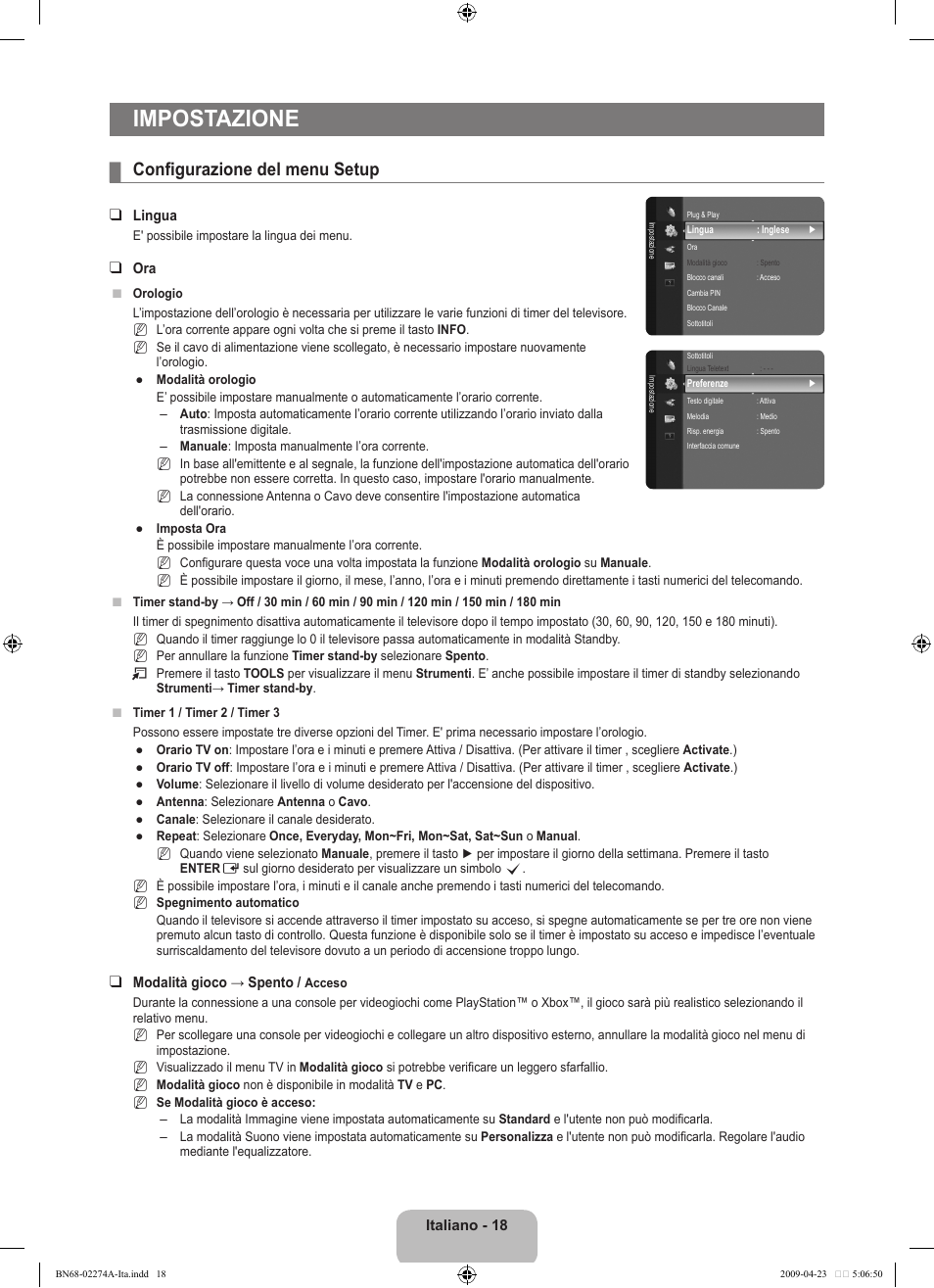 Impostazione, Configurazione del menu setup | Samsung LE32B530P7N User Manual | Page 140 / 282