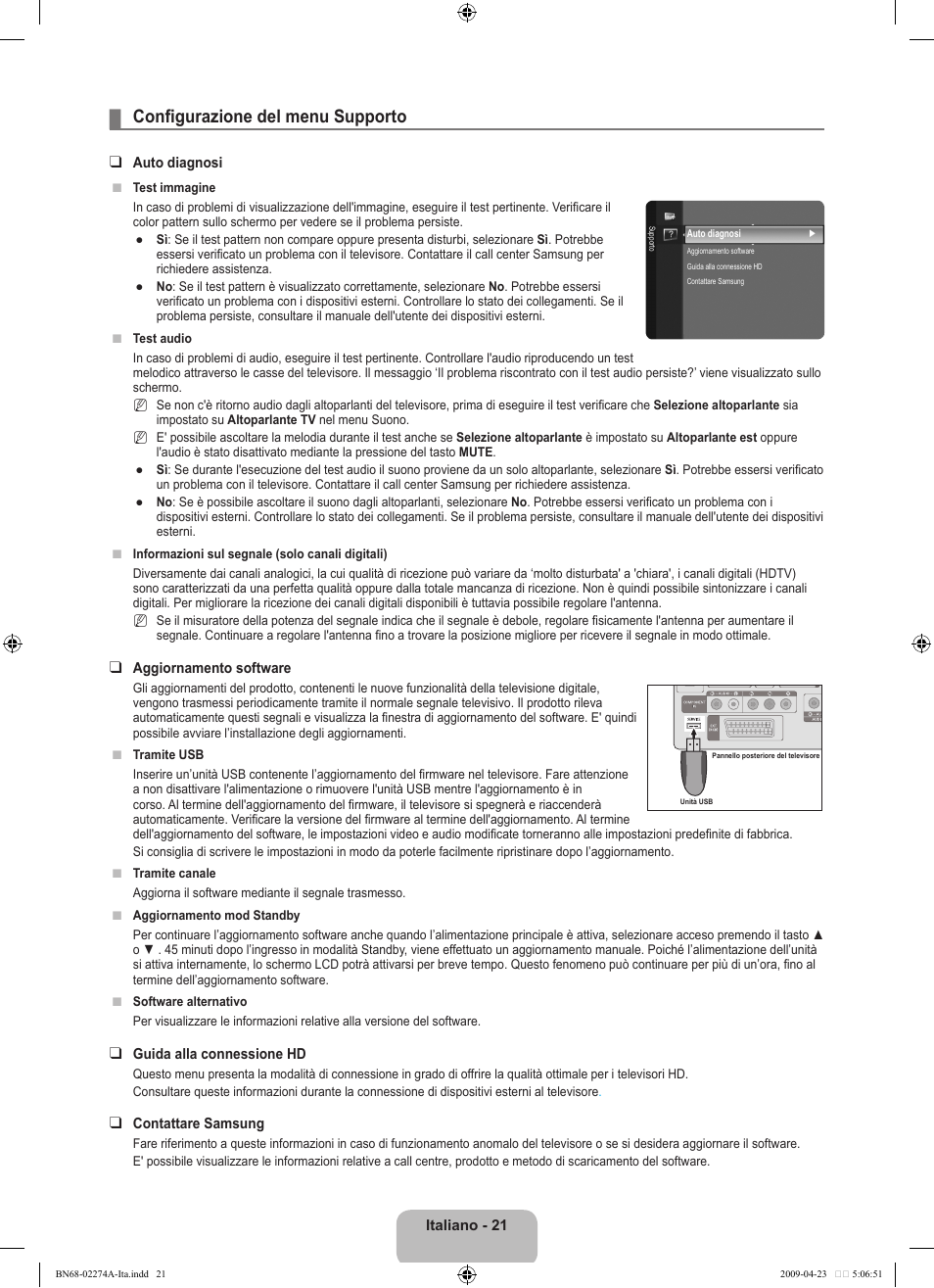 Configurazione del menu supporto | Samsung LE32B530P7N User Manual | Page 143 / 282