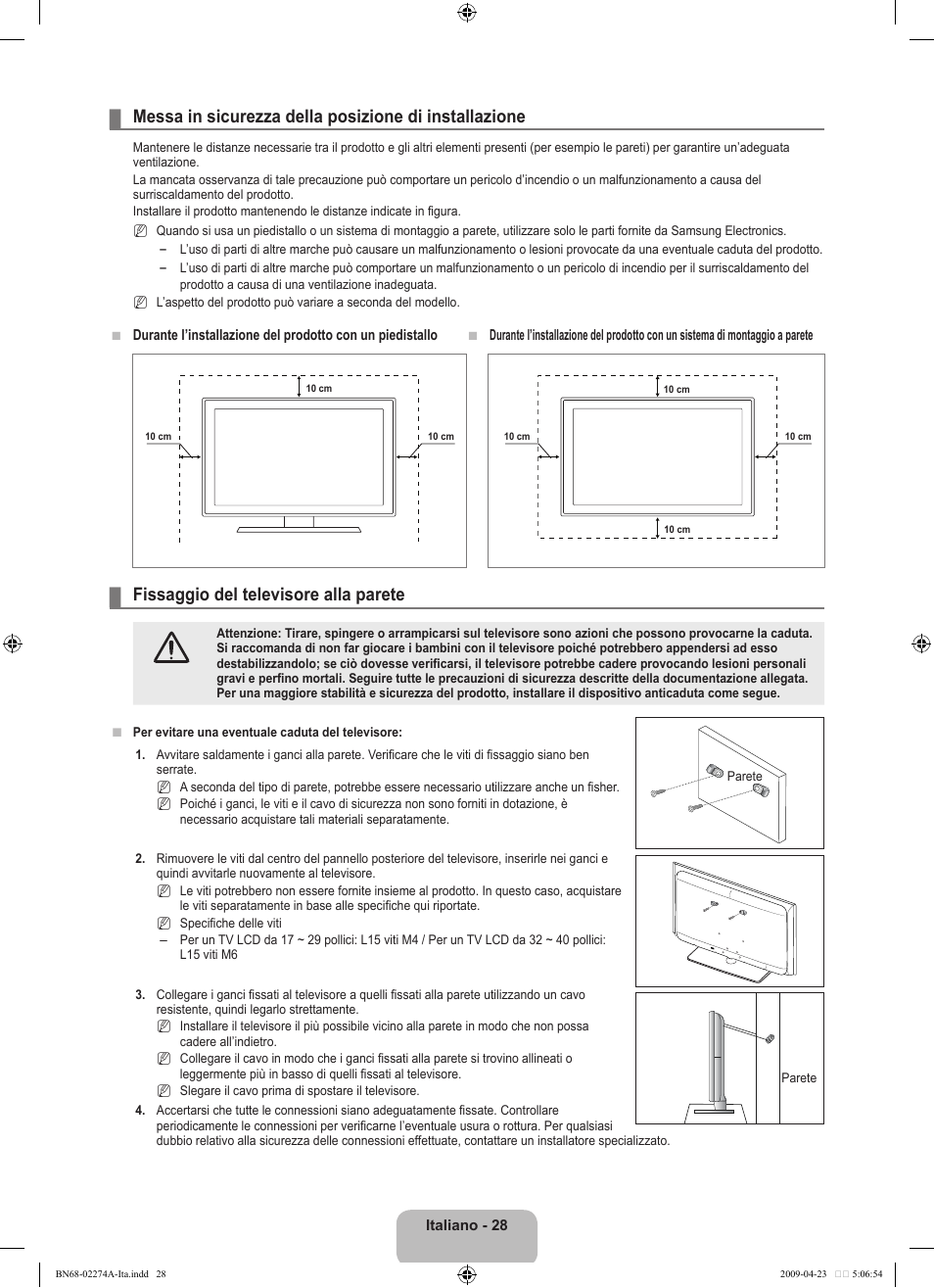 Fissaggio del televisore alla parete | Samsung LE32B530P7N User Manual | Page 150 / 282