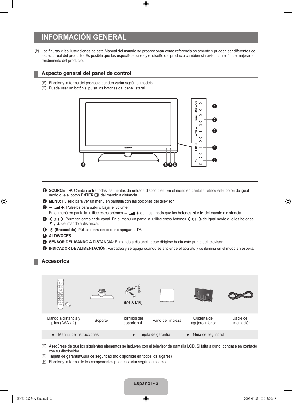 Información general, Aspecto general del panel de control, Accesorios | Samsung LE32B530P7N User Manual | Page 156 / 282