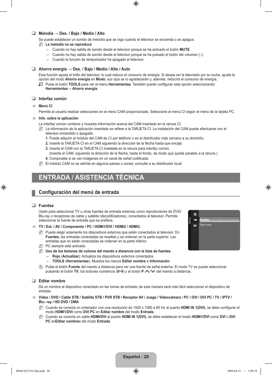 Entrada / asistencia técnica, Configuración del menú de entrada | Samsung LE32B530P7N User Manual | Page 174 / 282